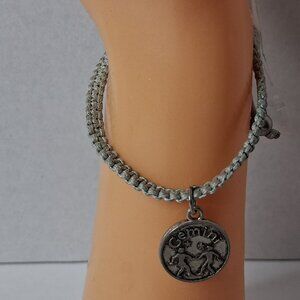 Gemini Zodiac Charm Bracelet Gray Macrame Braided Cord Silver Tone Astrology